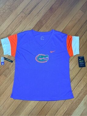 Nike Blue V-Neck Florida Gators Tee with Orange and White Sleeve Panels